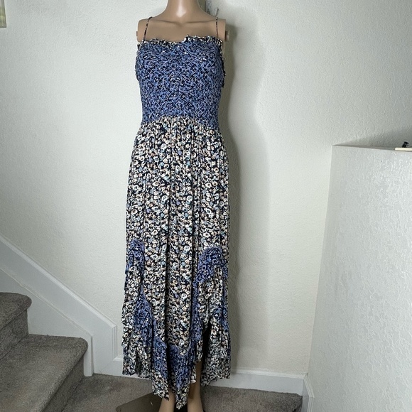 Free People One I Love Smocked Strappy Back Maxi Dress Size L Ruffle Multicolor - Picture 1 of 14